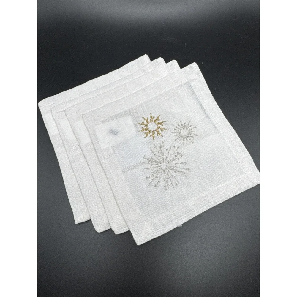 Pottery Barn Linen Cocktail Napkins Set Starburst Sunburst Metallic Embroidered